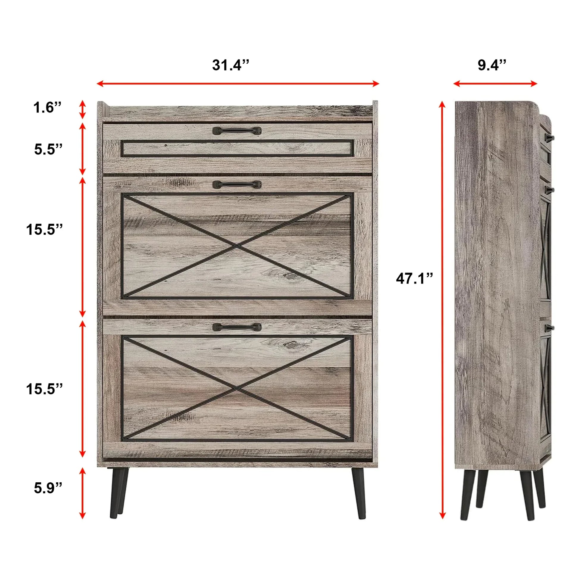 Rustic Slim Shoe Cabinet with Drawer – 3 Flip Tiers, Space-Saving 