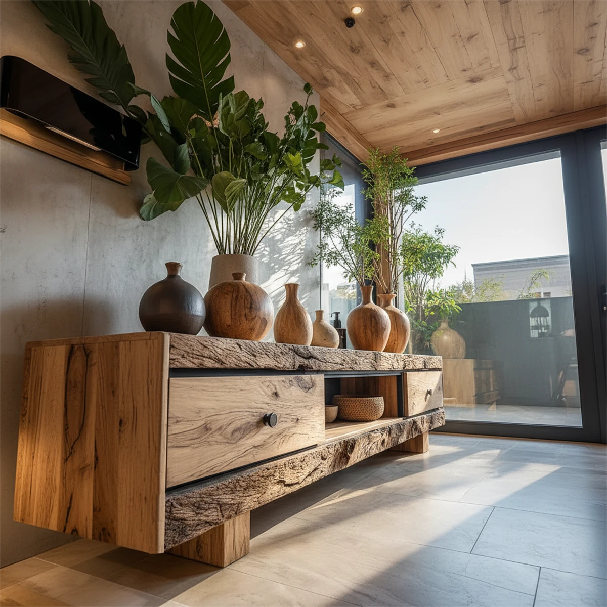 Rustic Solid Wood Wabi-Sabi TV Stand with Natural Grain & Drawers - Rustira