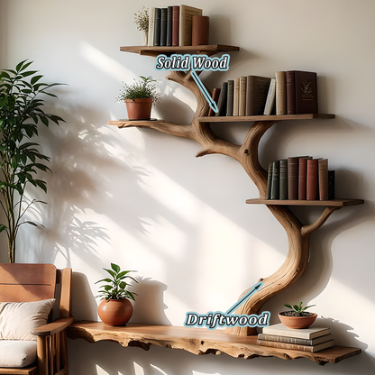 Rustic Tree Shelf – Natural Branch Bookshelf for Living Room Wall 