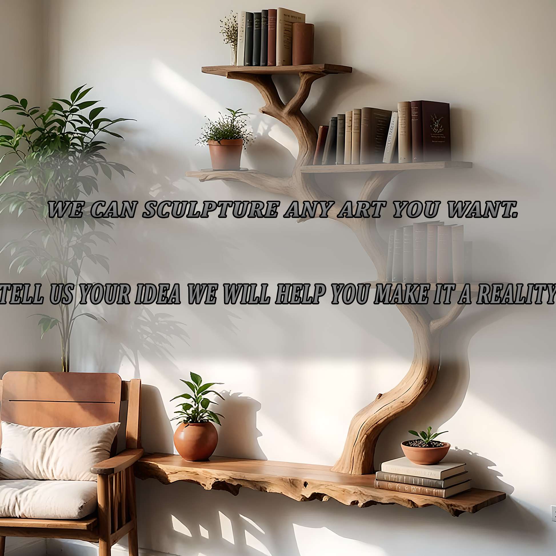 Rustic Tree Shelf – Natural Branch Bookshelf for Living Room Wall 