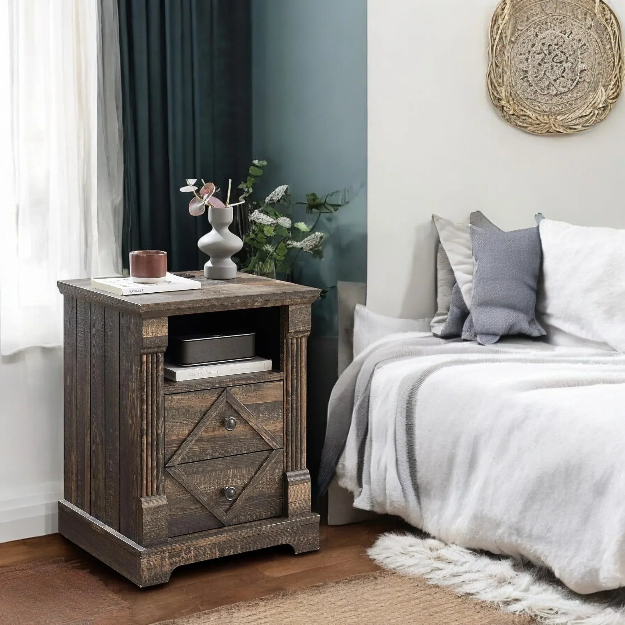 Rustic Wood Nightstand with Drawers – Farmhouse End Table Style 