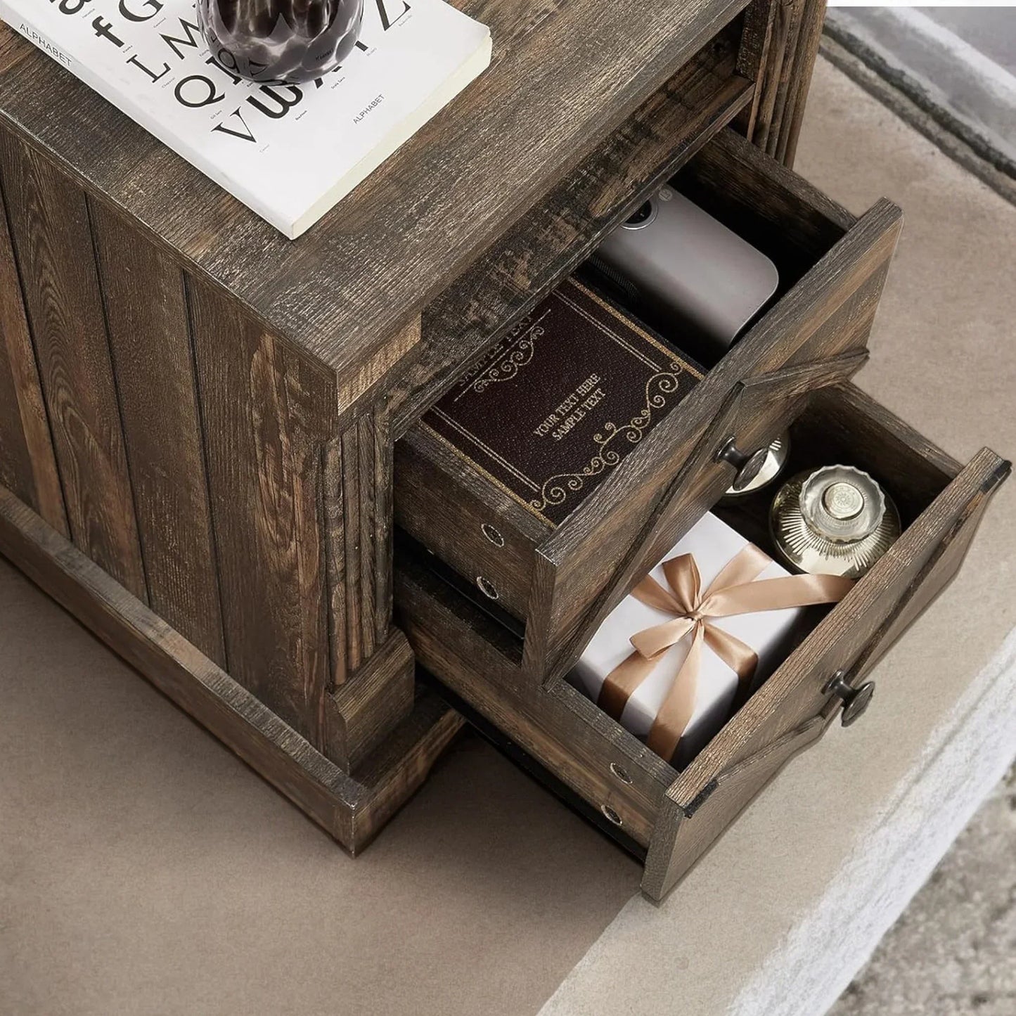 Rustic Wood Nightstand with Drawers – Farmhouse End Table Style 