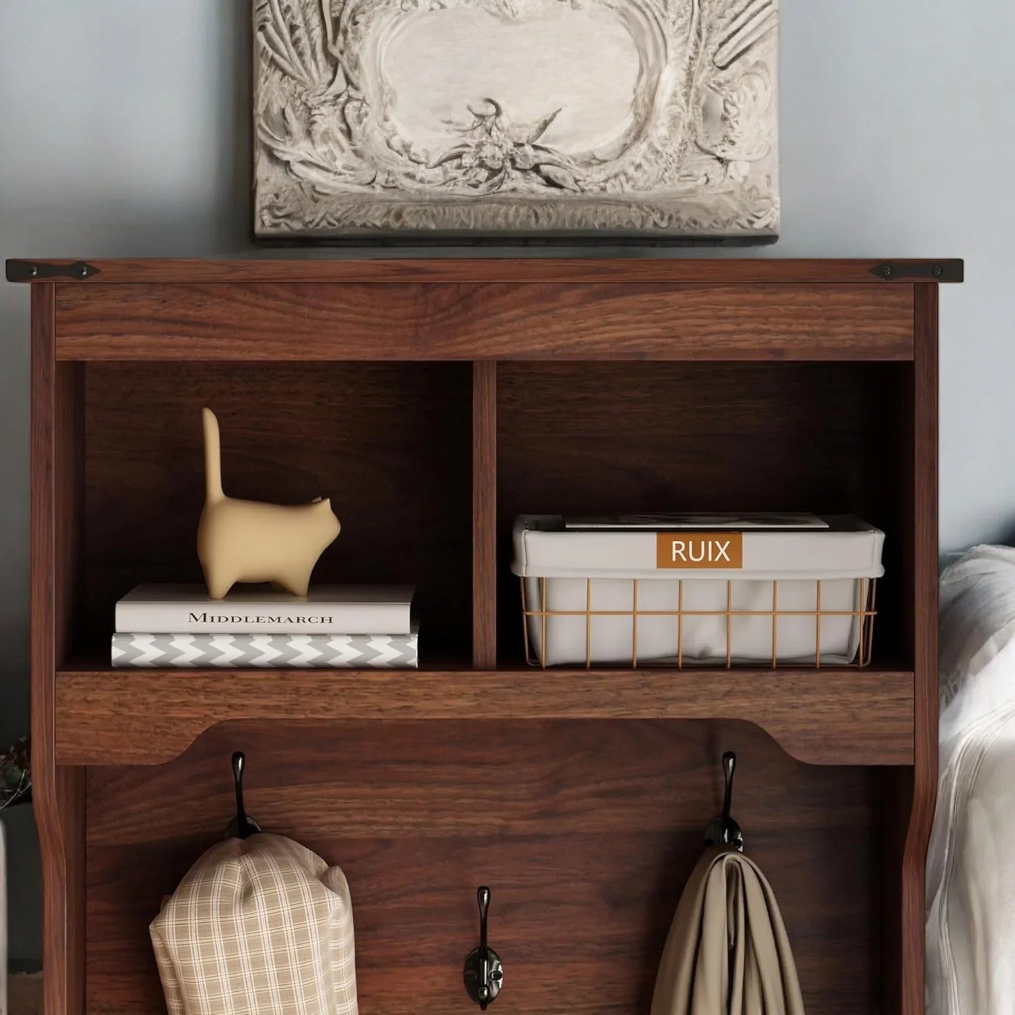 Rustic Wooden Hall Tree Entryway Organizer with Shoe Storage 