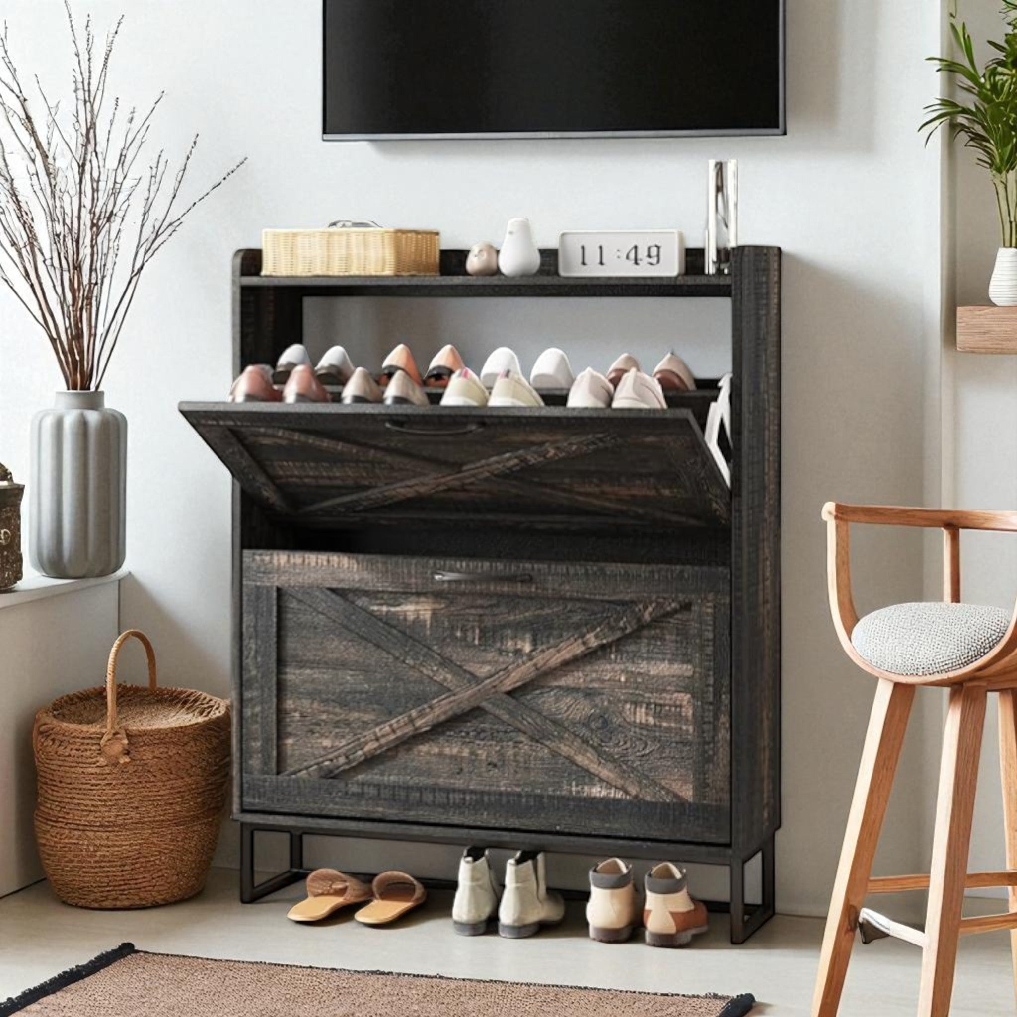 Rustic Wooden Shoe Cabinet with 3 Flip Drawers & Top Shelf 