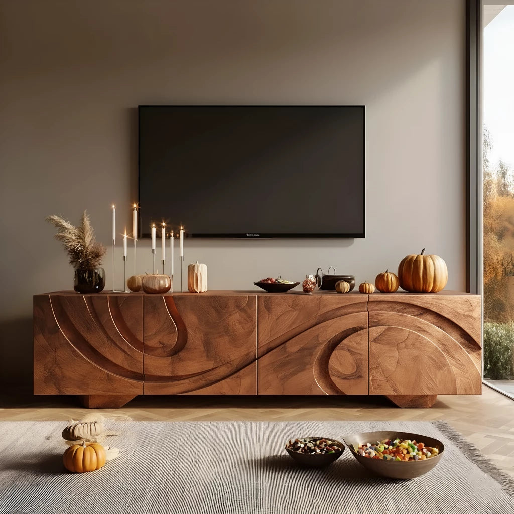 Sculpted Dark Walnut TV Stand — Lunar Tide Edition - Rustira