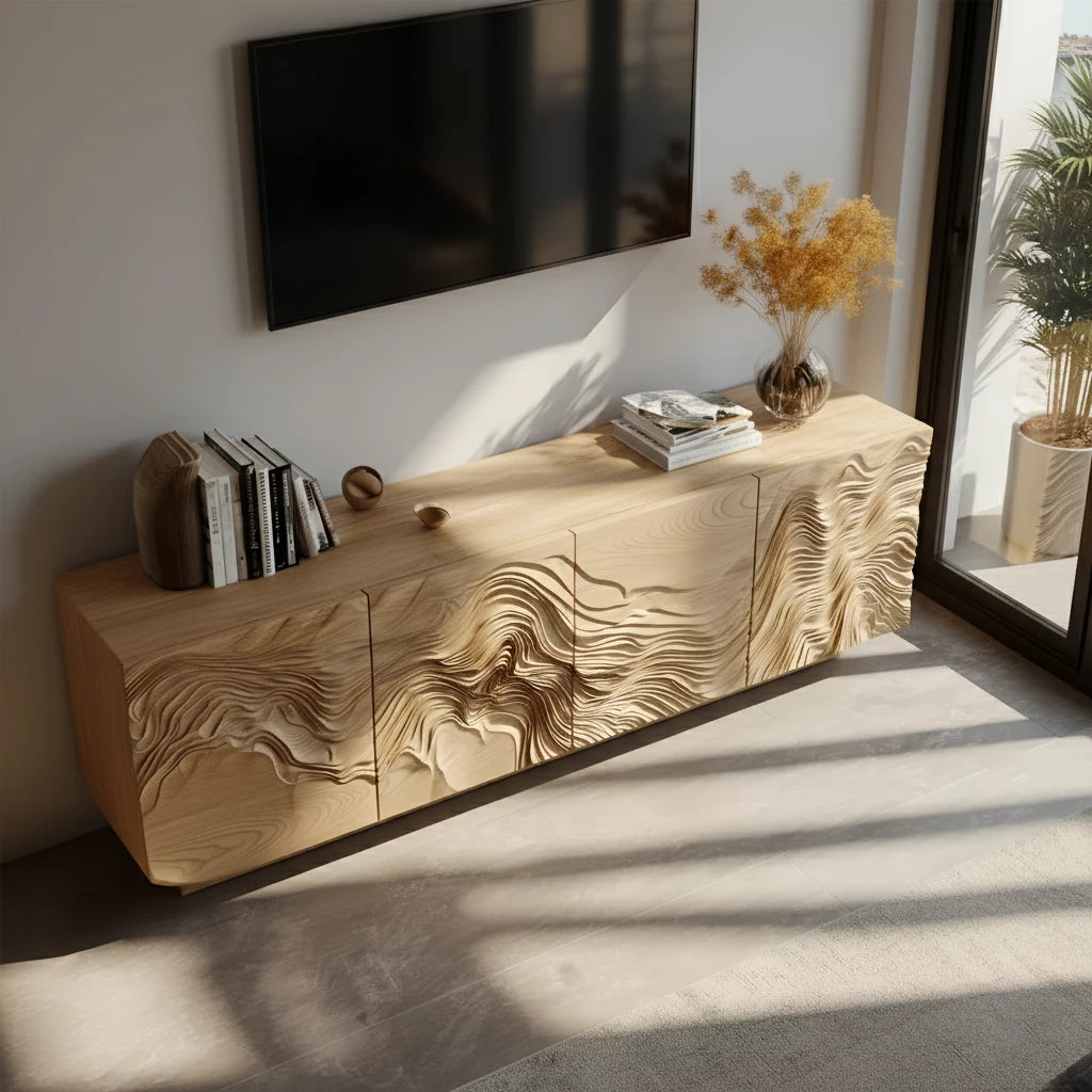 Sculpted Solid Wood TV Stand – Organic Wave Texture Media Console - Rustira
