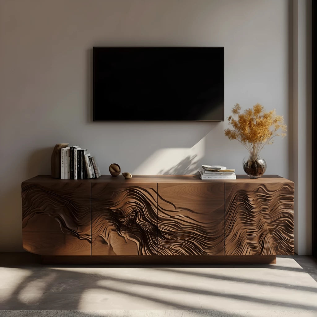 Sculpted Solid Wood TV Stand – Organic Wave Texture Media Console - Rustira