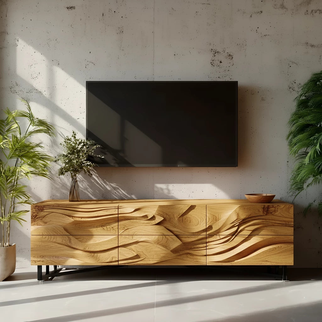 Sculpted Walnut TV Stand – Fluid Organic Modern Media Console - Rustira