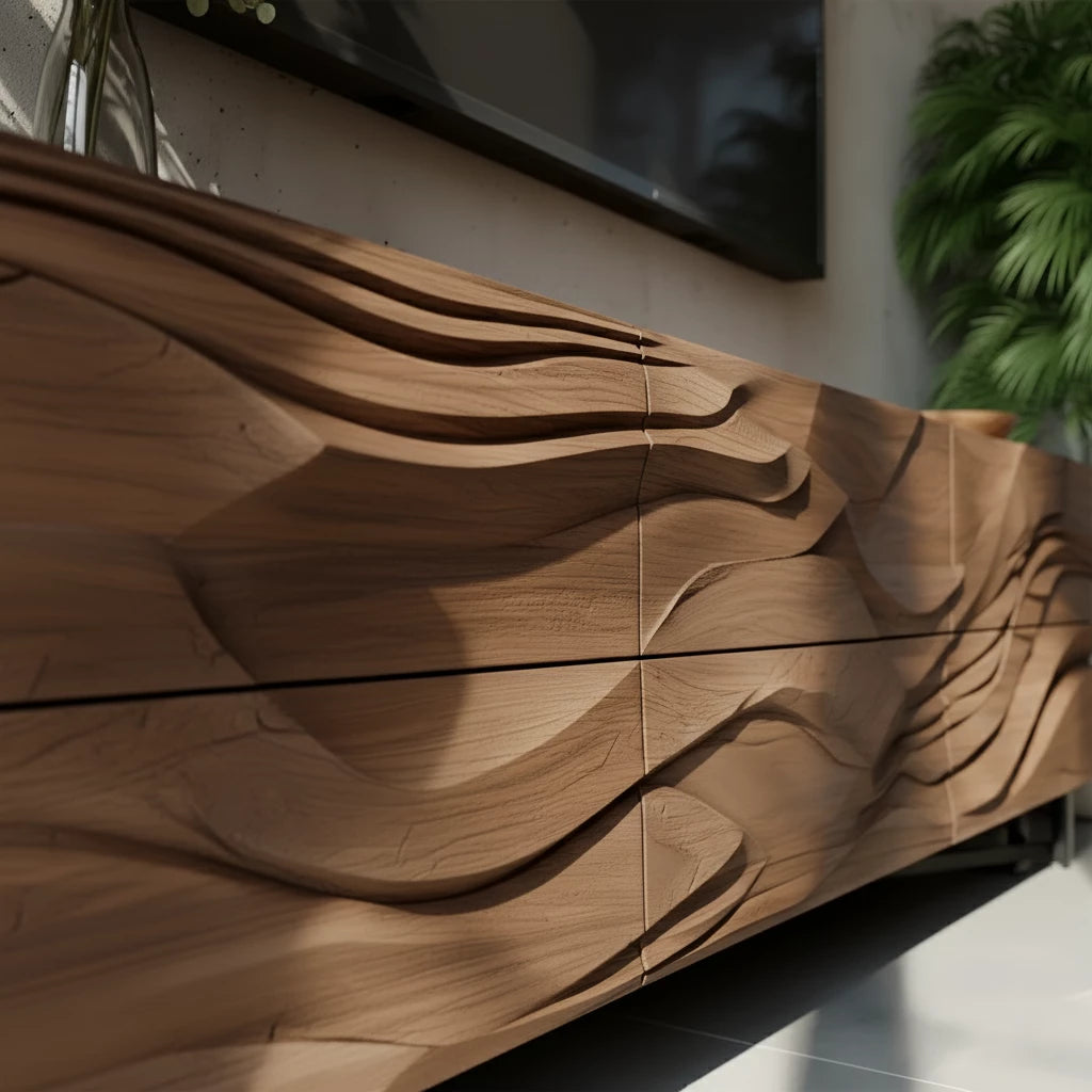 Sculpted Walnut TV Stand – Fluid Organic Modern Media Console - Rustira