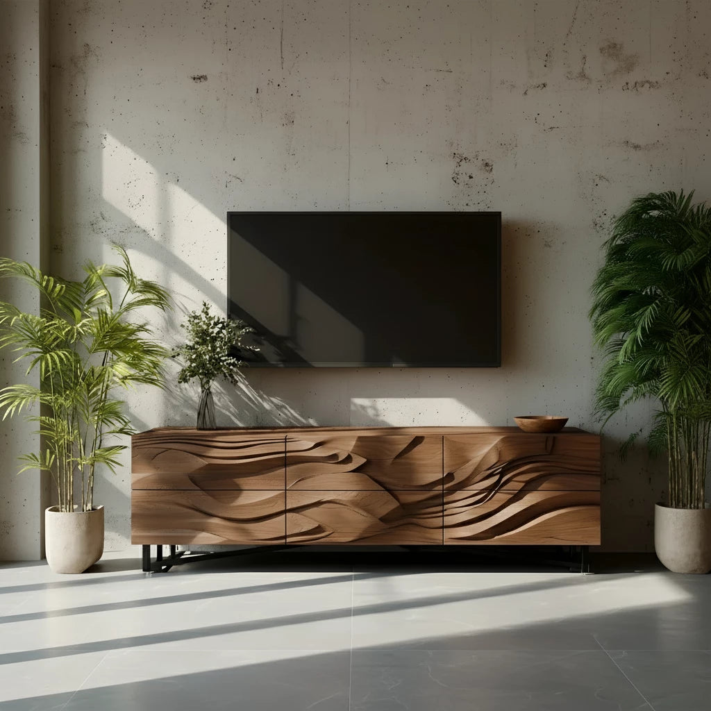 Sculpted Walnut TV Stand – Fluid Organic Modern Media Console - Rustira