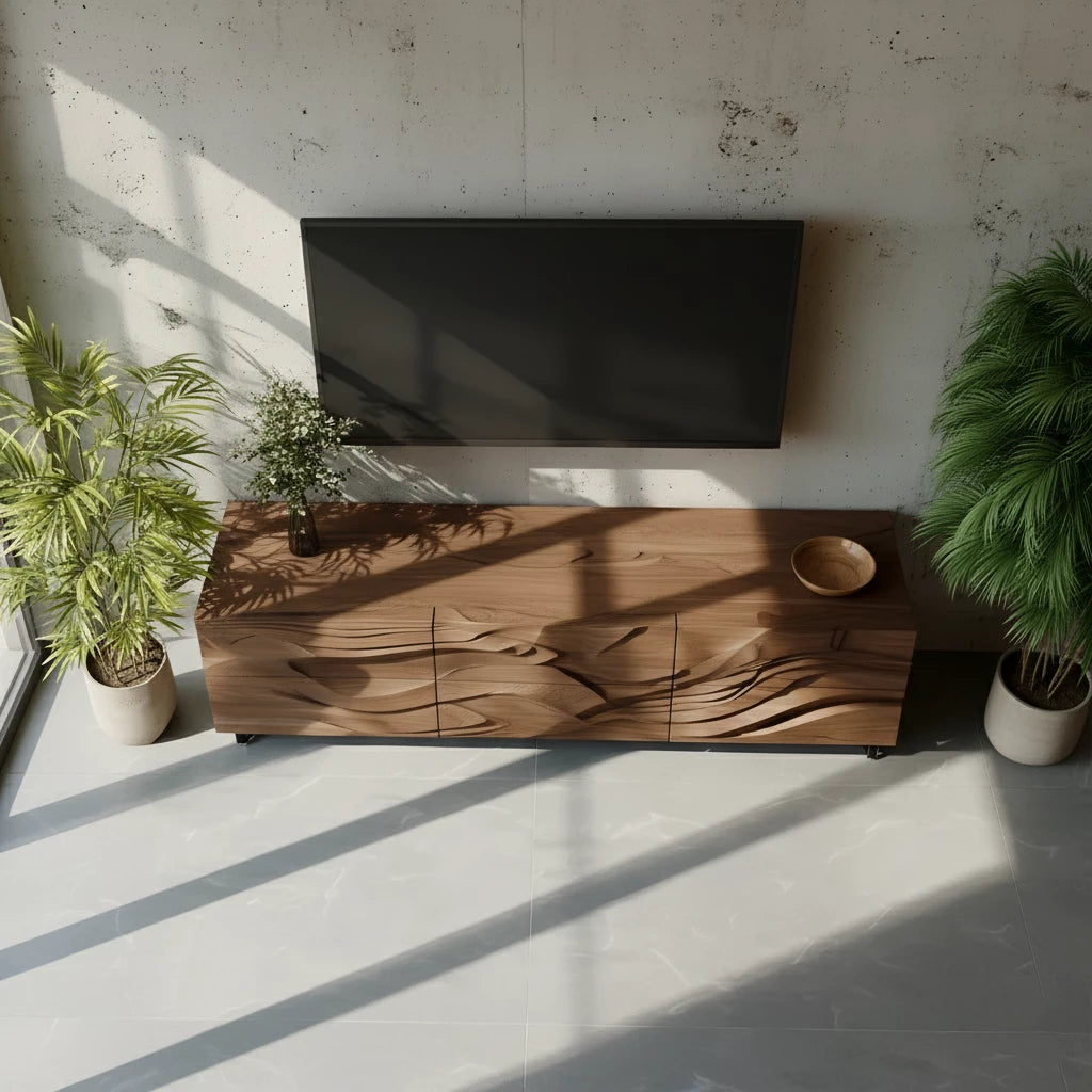 Sculpted Walnut TV Stand – Fluid Organic Modern Media Console - Rustira