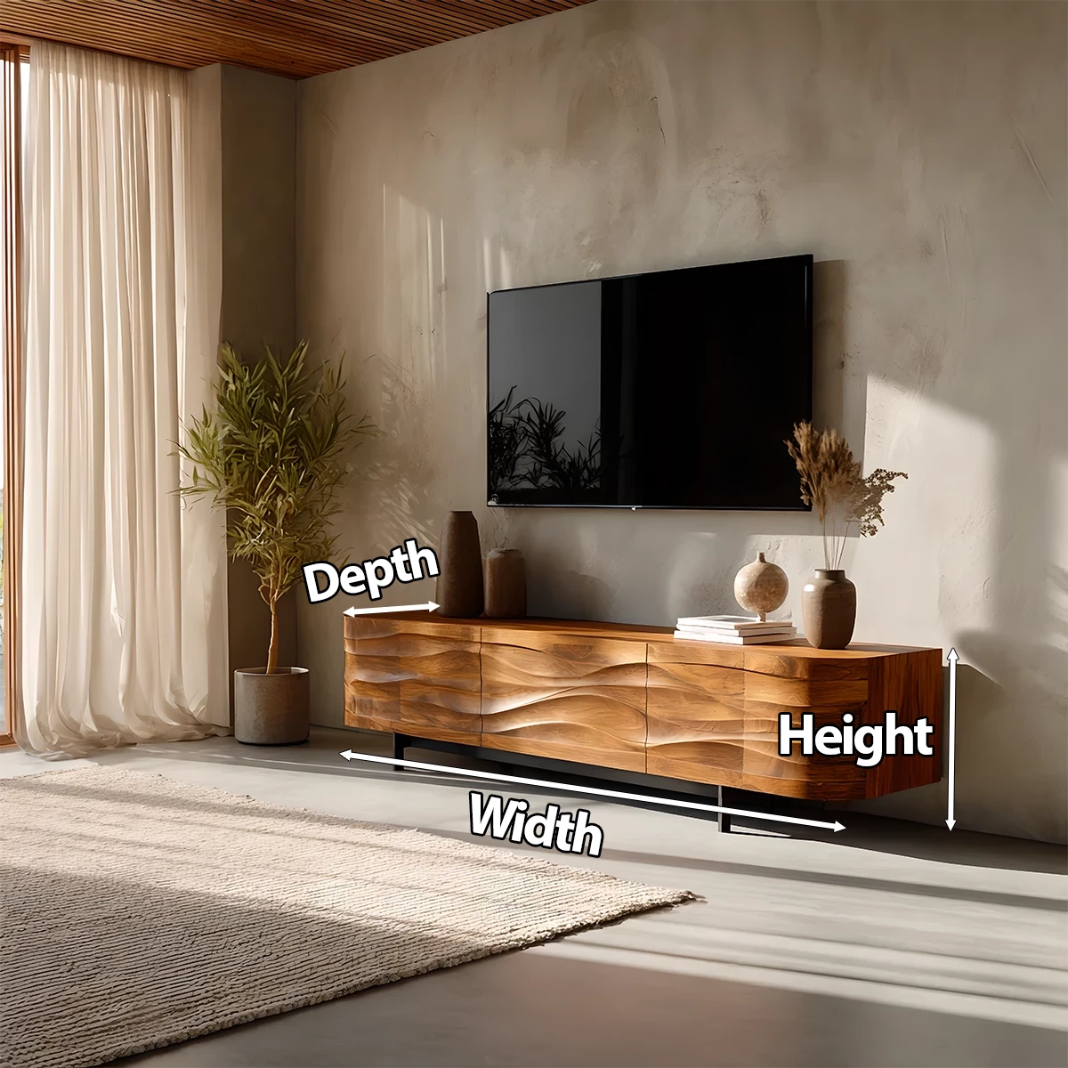 Sculpted Wave Solid Wood TV Stand — Warm Sands Finish - Rustira