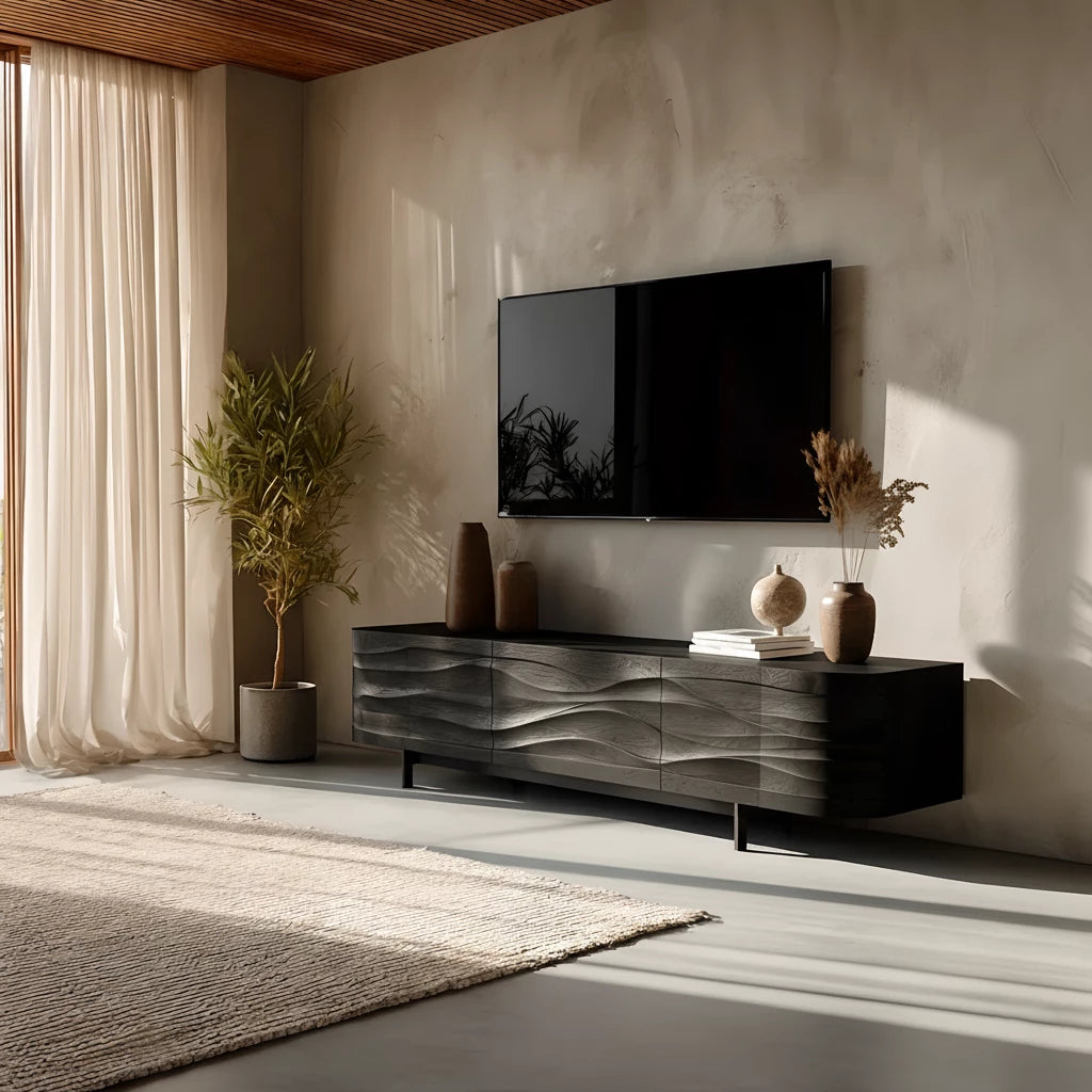 Sculpted Wave Solid Wood TV Stand — Warm Sands Finish - Rustira