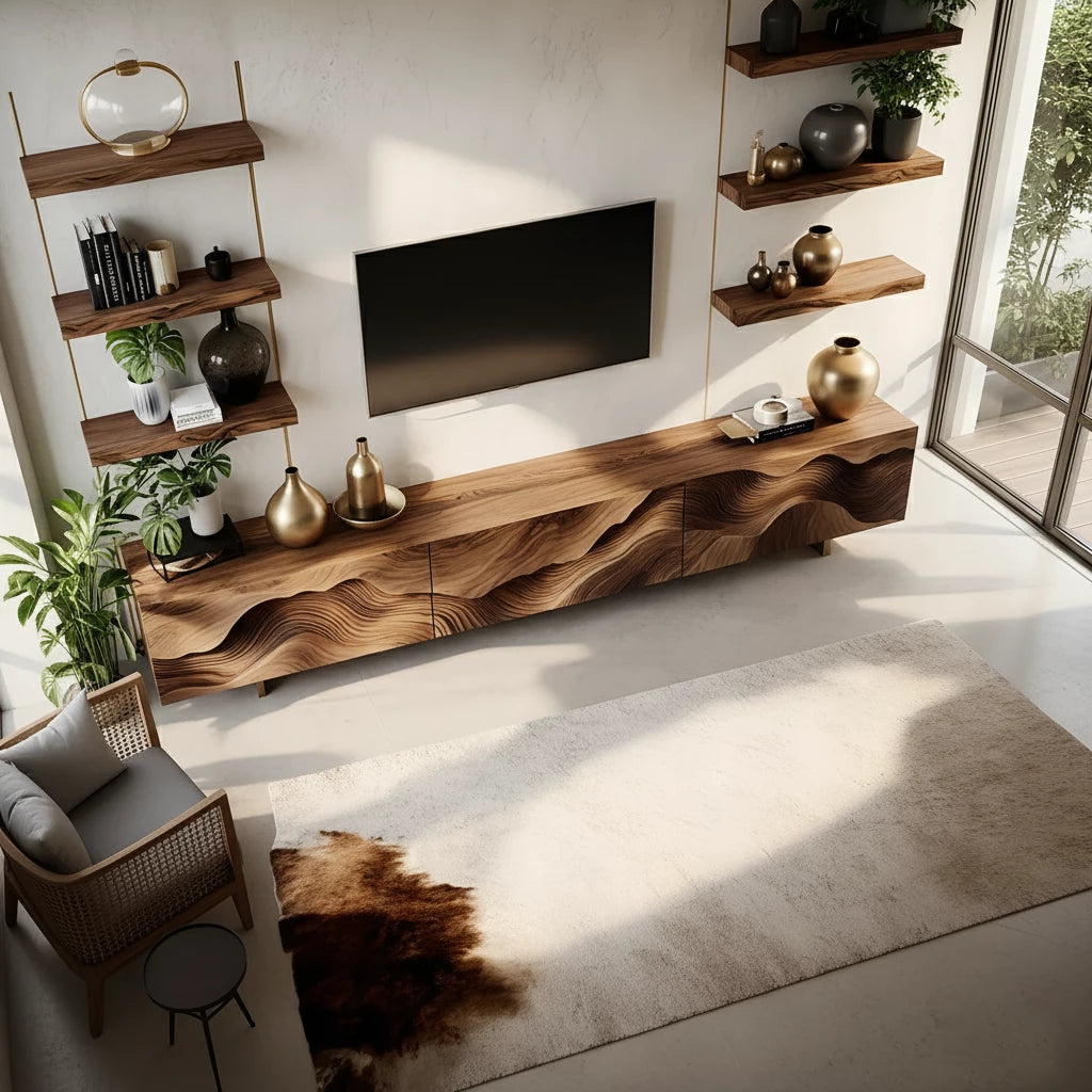 Sculpted Wave Walnut TV Console - Floating Organic Media Cabinet - Rustira