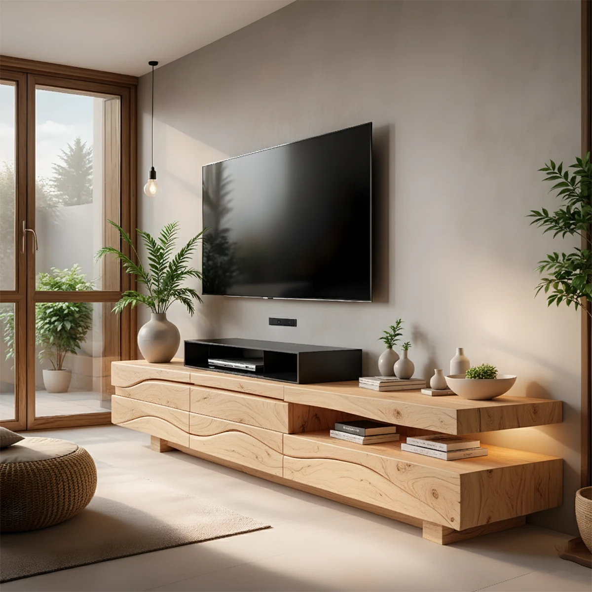 Sculpted Wave Walnut TV Console – Layered Organic Wood Design - Rustira