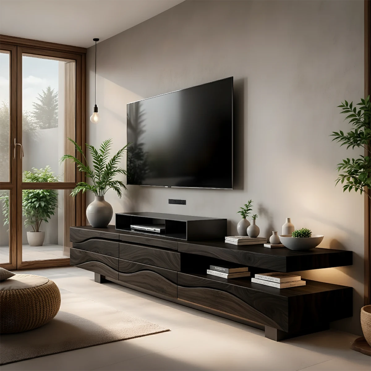 Sculpted Wave Walnut TV Console – Layered Organic Wood Design - Rustira