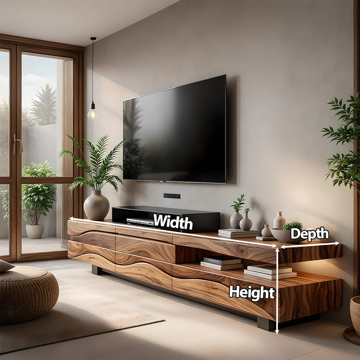 Sculpted Wave Walnut TV Console – Layered Organic Wood Design - Rustira