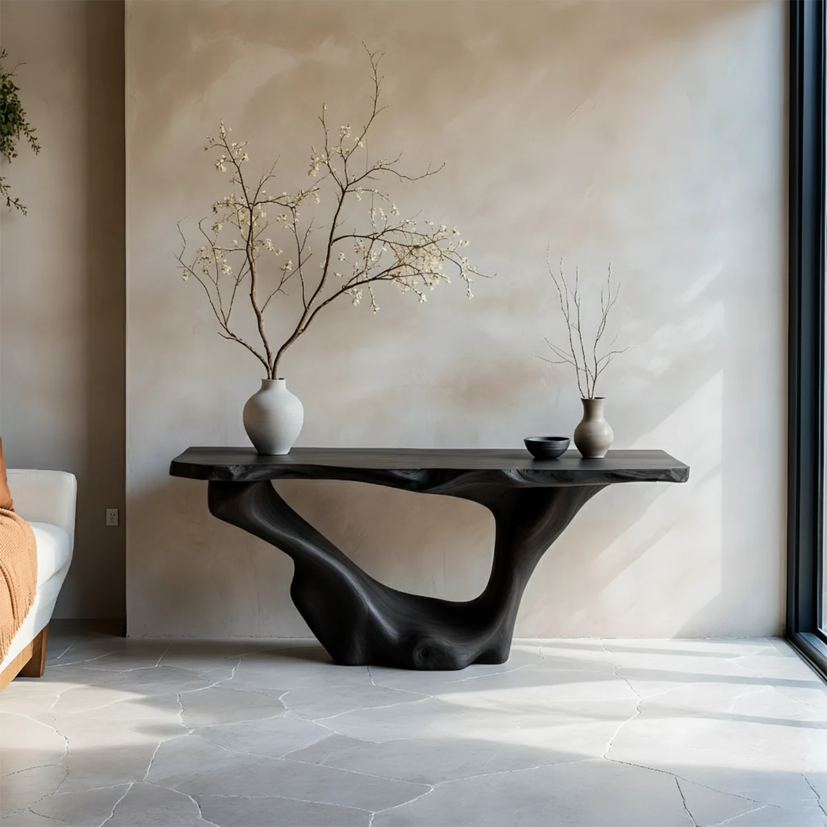 Sculptural Organic Solid Wood Console Table – Art Form Base - Rustira