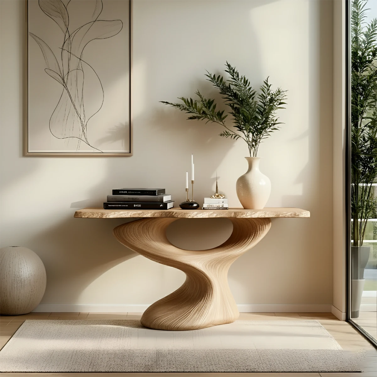 Sculptural Solid Wood Console — Modern Art Entry Table - Rustira