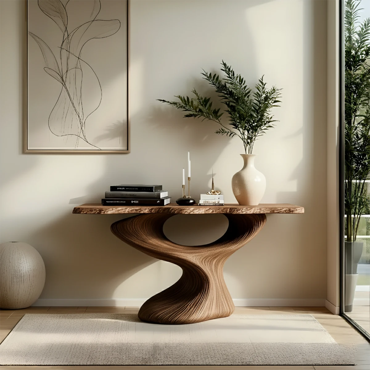 Sculptural Solid Wood Console — Modern Art Entry Table - Rustira