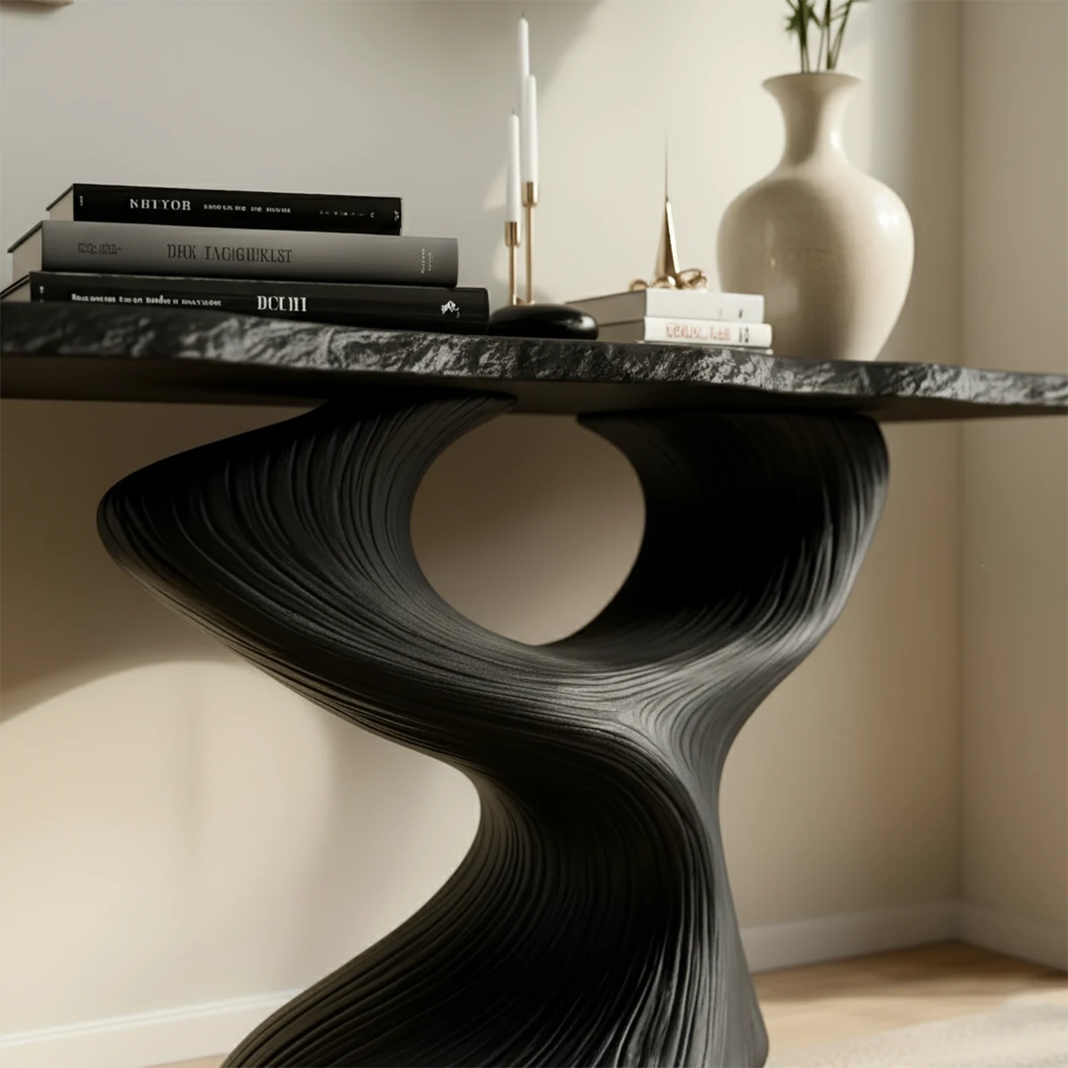 Sculptural Solid Wood Console — Modern Art Entry Table - Rustira