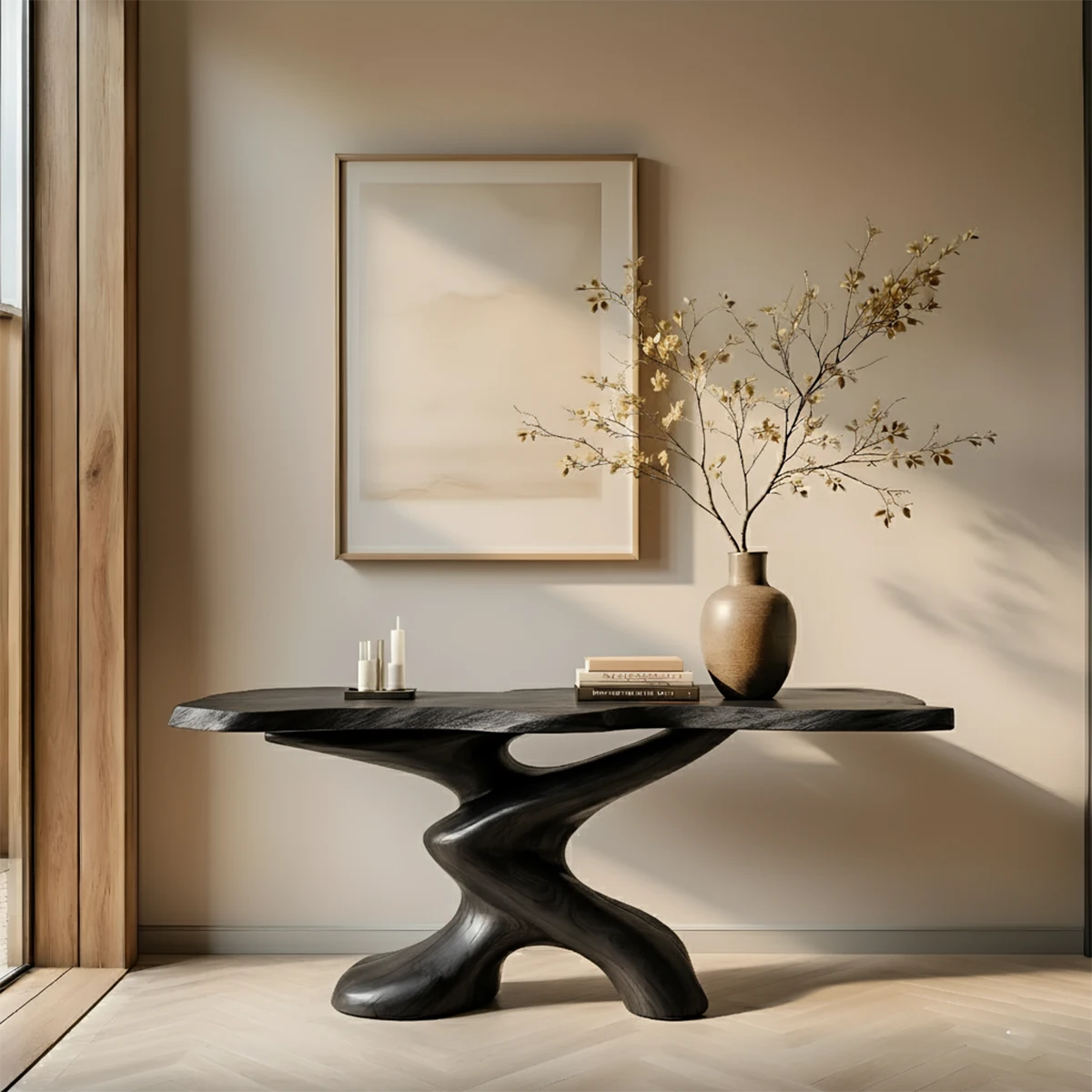 Sculptural Solid Wood Console Table — Organic Japandi Entryway Art Piece - Rustira