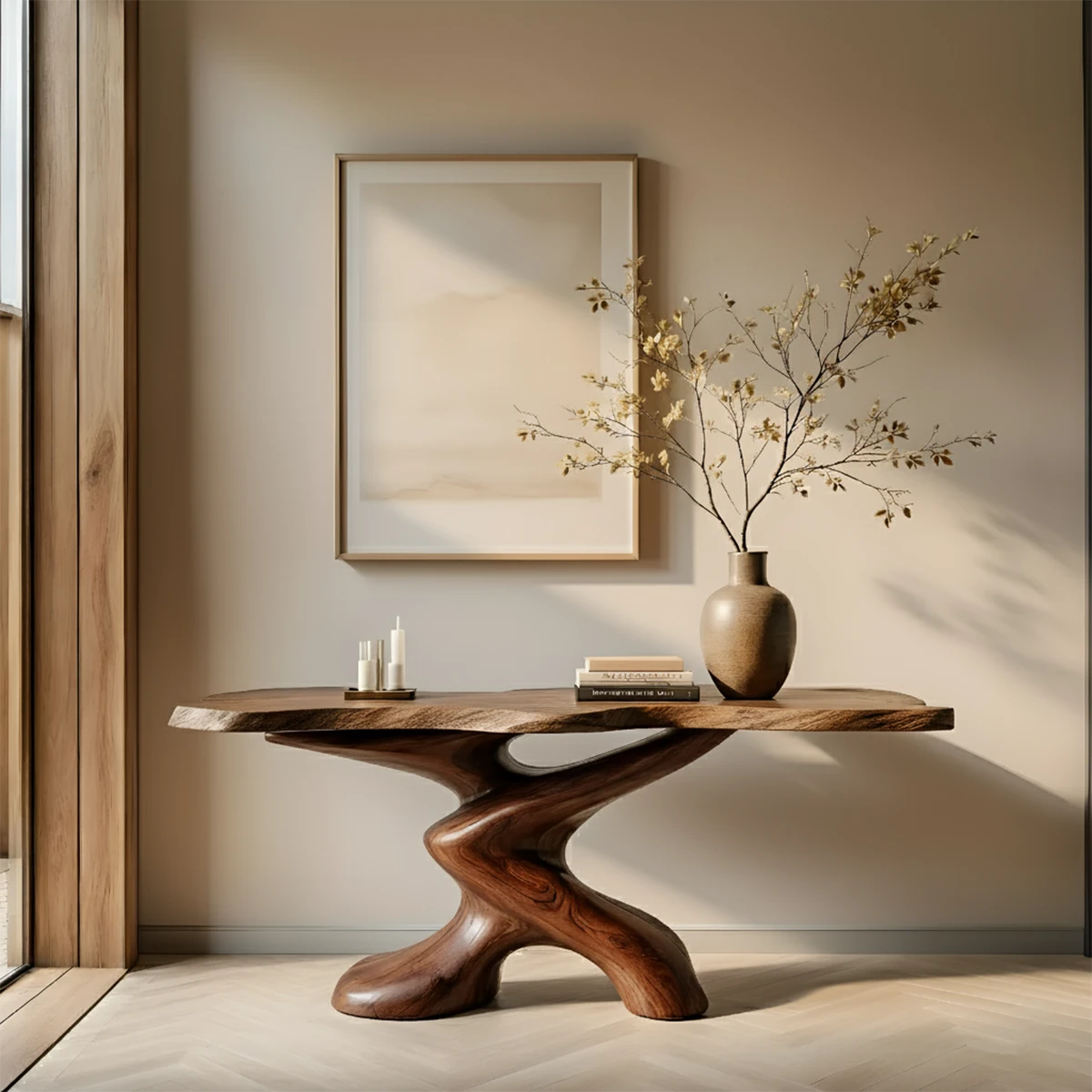 Sculptural Solid Wood Console Table — Organic Japandi Entryway Art Piece - Rustira