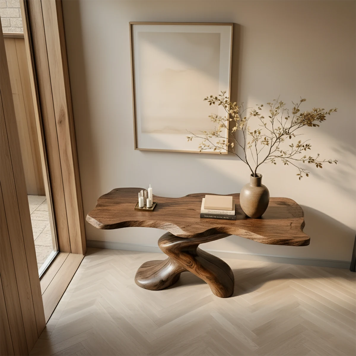 Sculptural Solid Wood Console Table — Organic Japandi Entryway Art Piece - Rustira