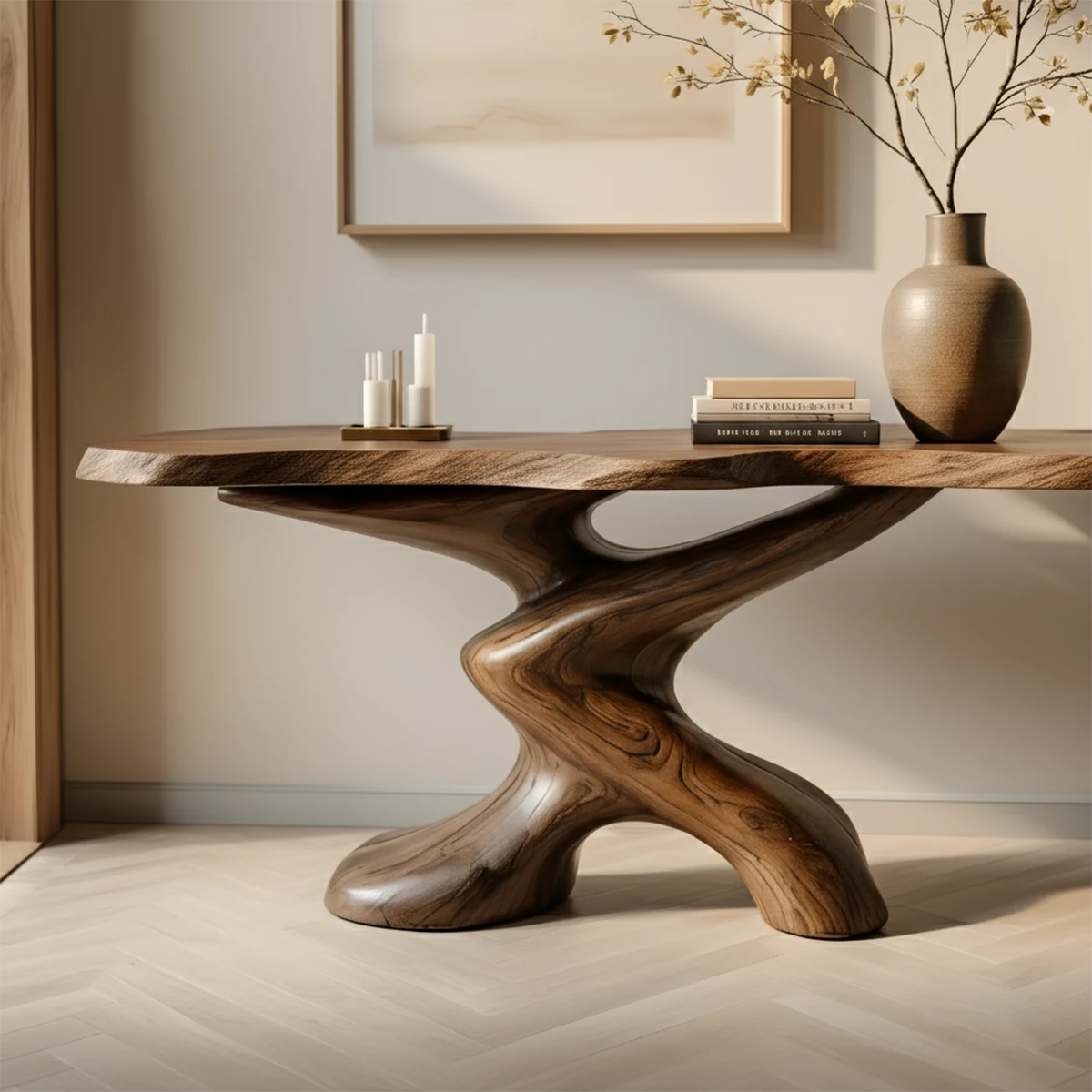 Sculptural Solid Wood Console Table — Organic Japandi Entryway Art Piece - Rustira