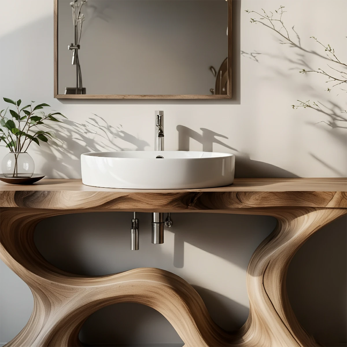 Sculptural Solid Wood Vanity with Organic Loop Base - Rustira