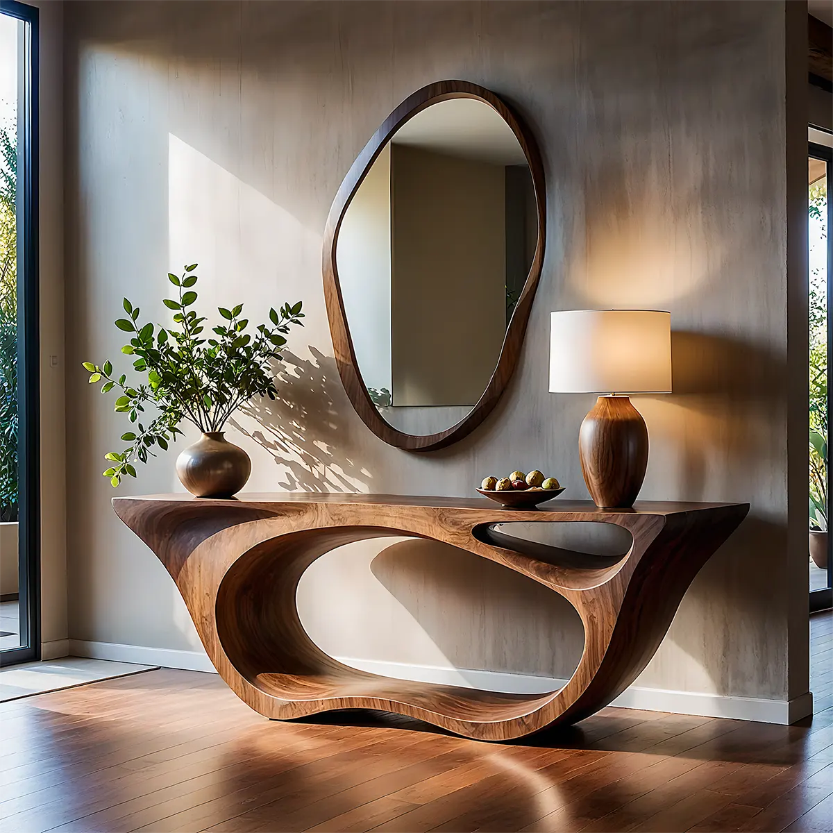 Sculptural Walnut Console Table – Double Loop Wood Design - Rustira