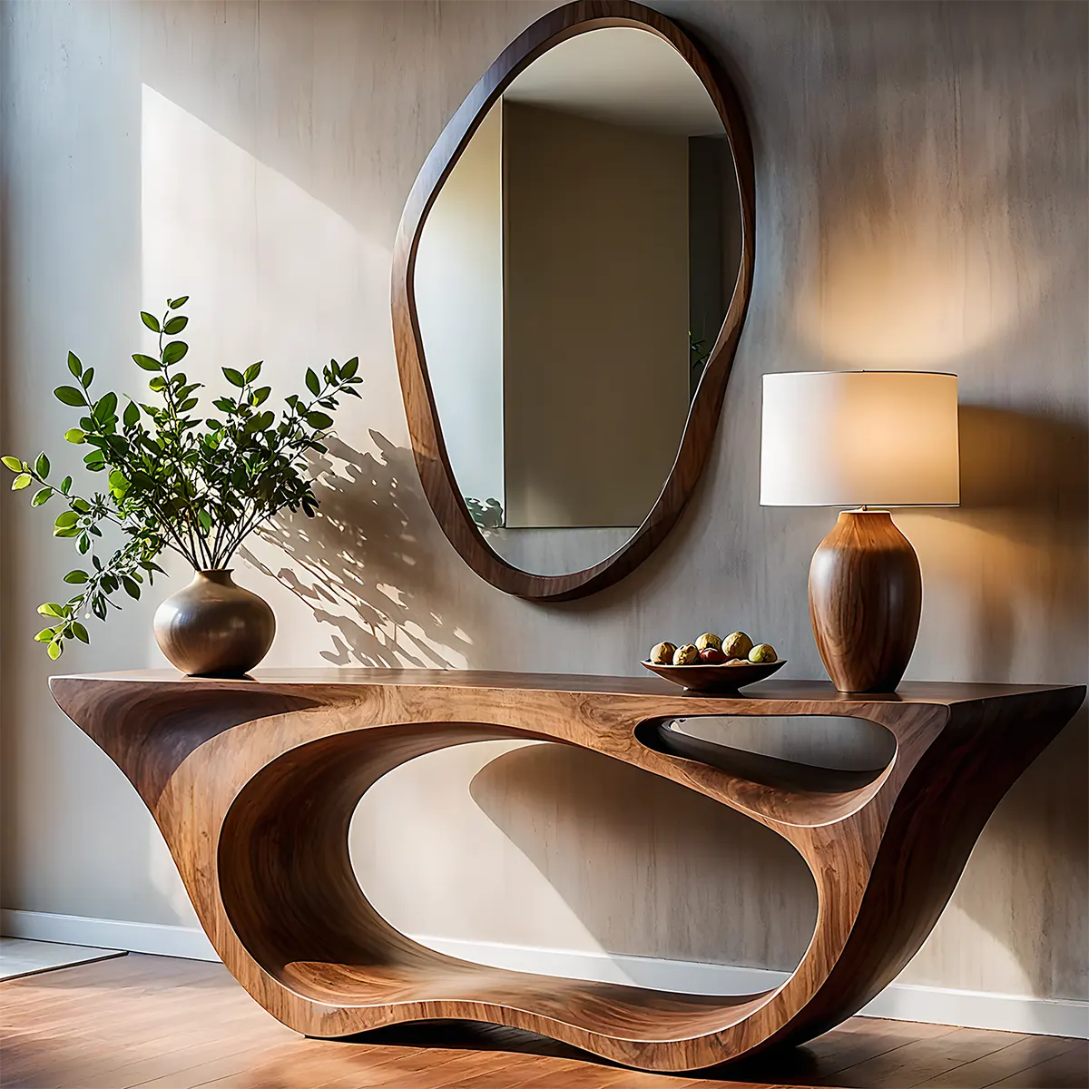 Sculptural Walnut Console Table – Double Loop Wood Design - Rustira