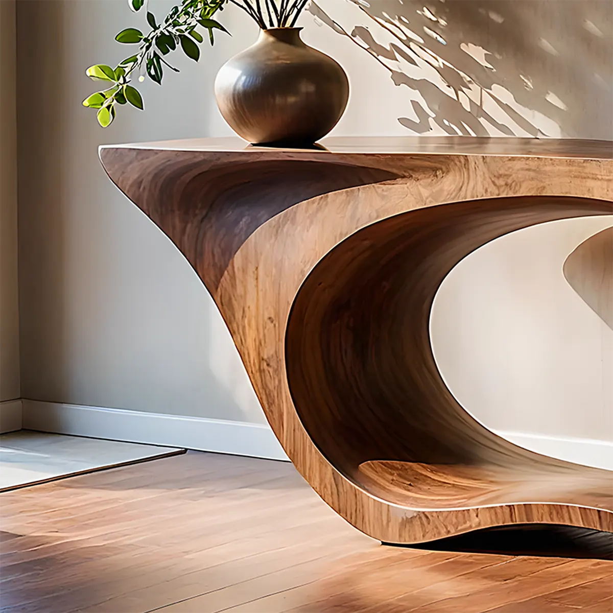 Sculptural Walnut Console Table – Double Loop Wood Design - Rustira