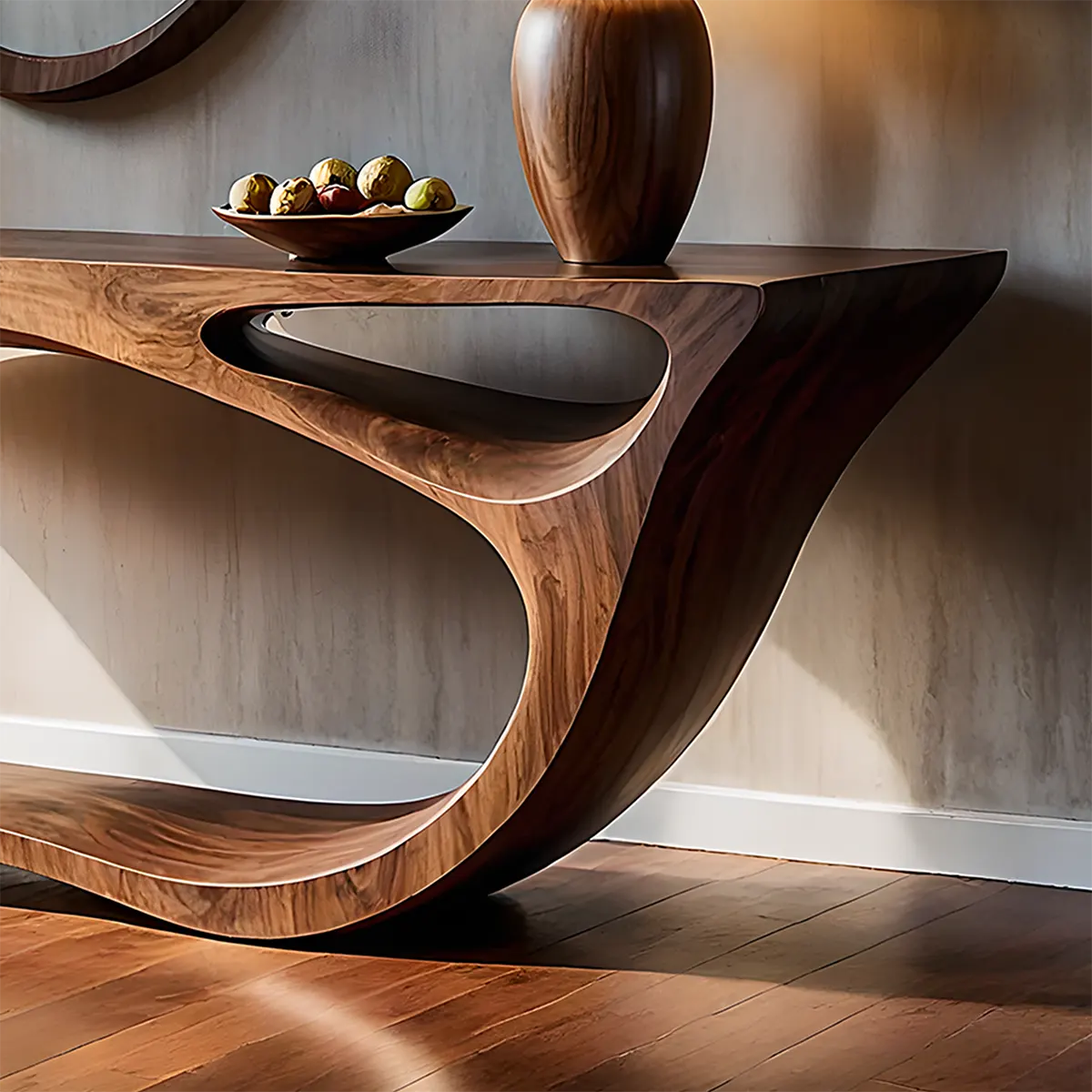 Sculptural Walnut Console Table – Double Loop Wood Design - Rustira
