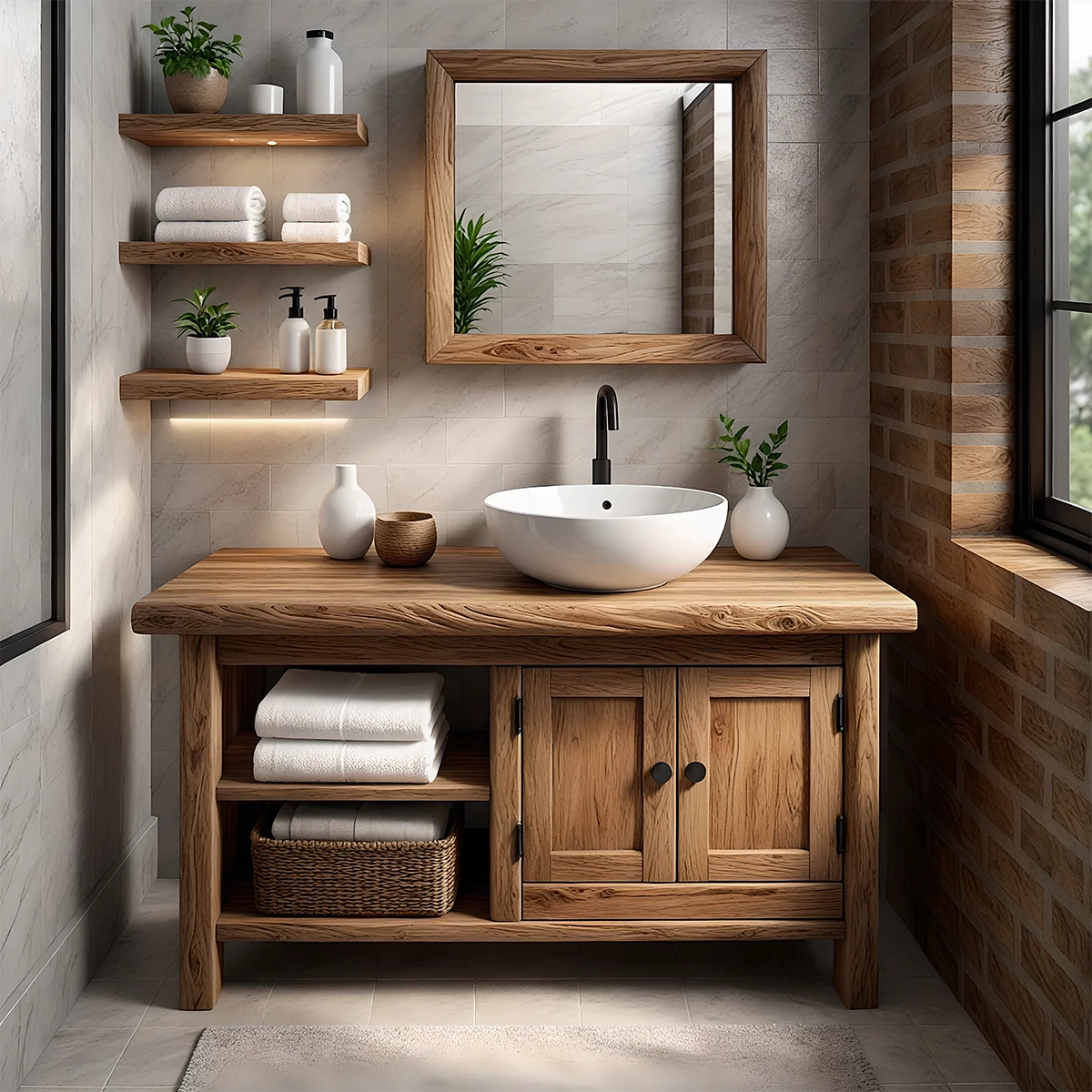 Solid Oak Bathroom Vanity – Natural Wood Cabinet with Open Shelf - Rustira