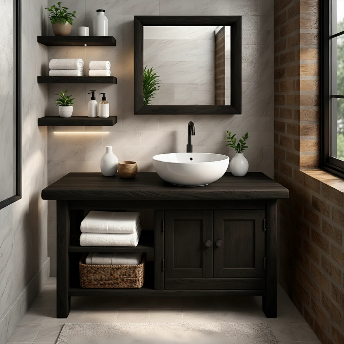 Solid Oak Bathroom Vanity – Natural Wood Cabinet with Open Shelf - Rustira