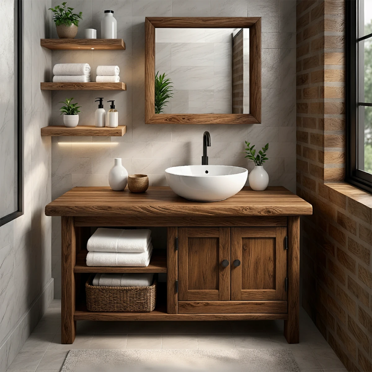 Solid Oak Bathroom Vanity – Natural Wood Cabinet with Open Shelf - Rustira