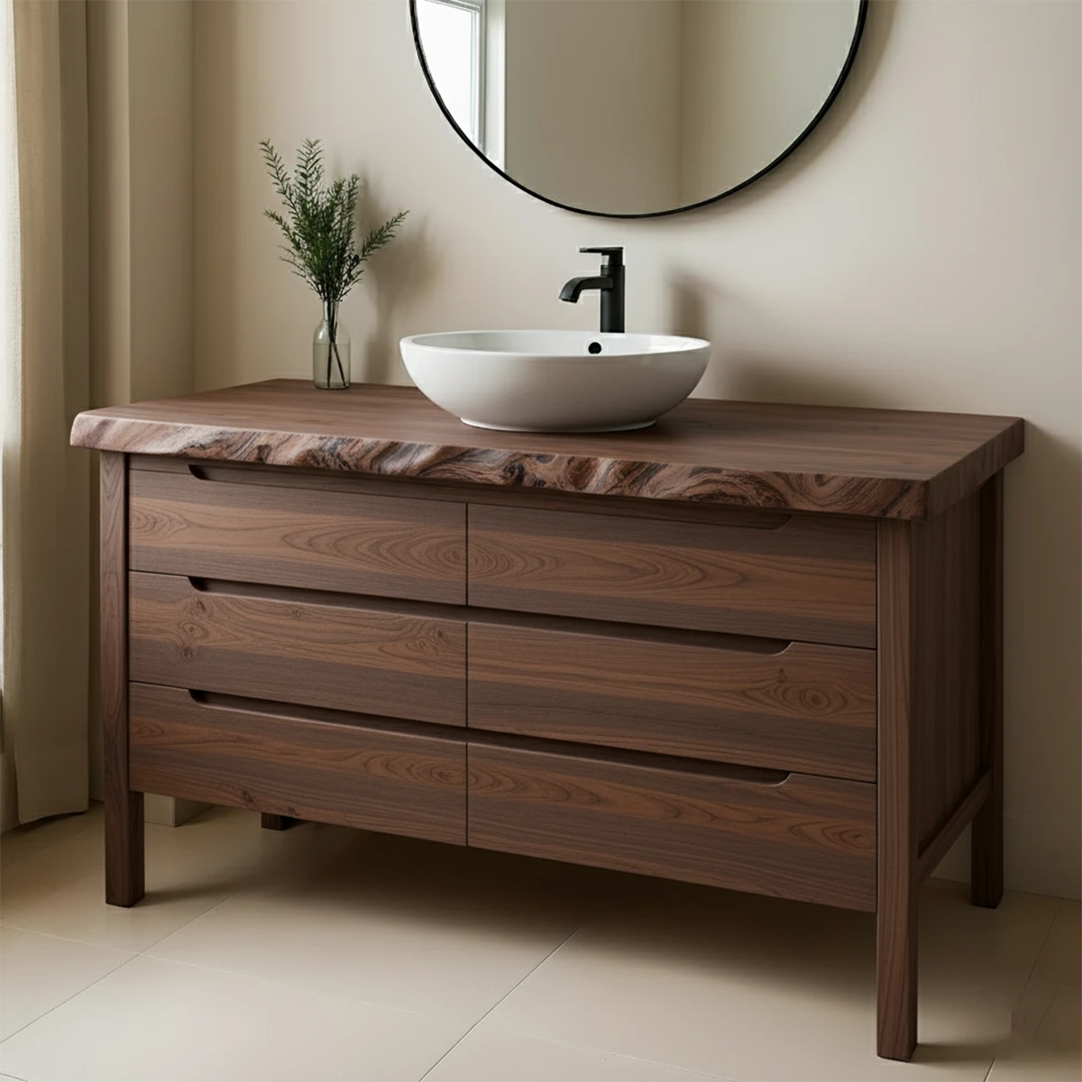 Solid Wood Bathroom Vanity with Live-Edge Countertop - Rustira