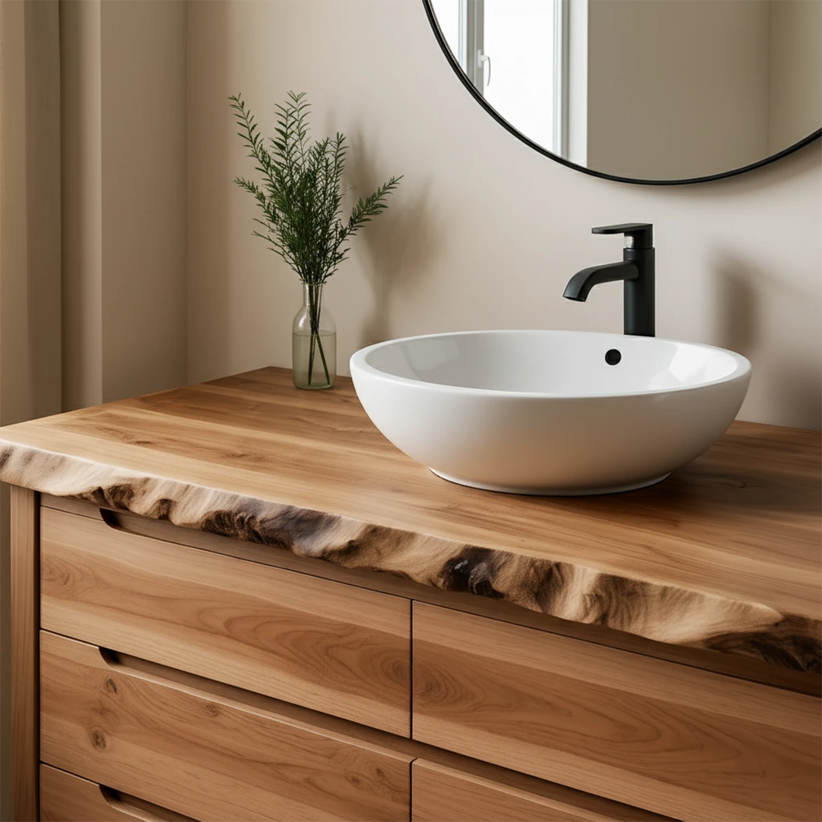 Solid Wood Bathroom Vanity with Live-Edge Countertop - Rustira