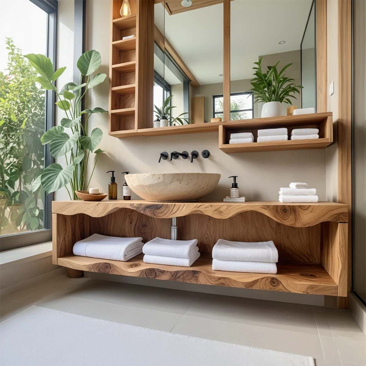 Solid Wood Bathroom Vanity with Open Shelves – Japandi Spa Console - Rustira