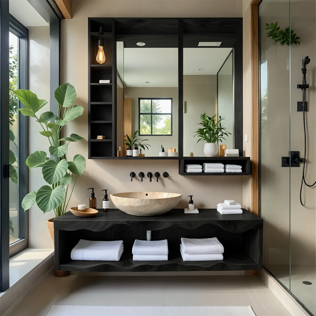 Solid Wood Bathroom Vanity with Open Shelves – Japandi Spa Console - Rustira