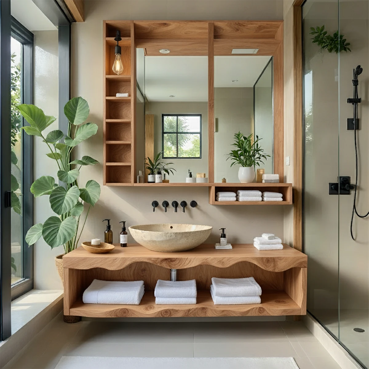 Solid Wood Bathroom Vanity with Open Shelves – Japandi Spa Console - Rustira