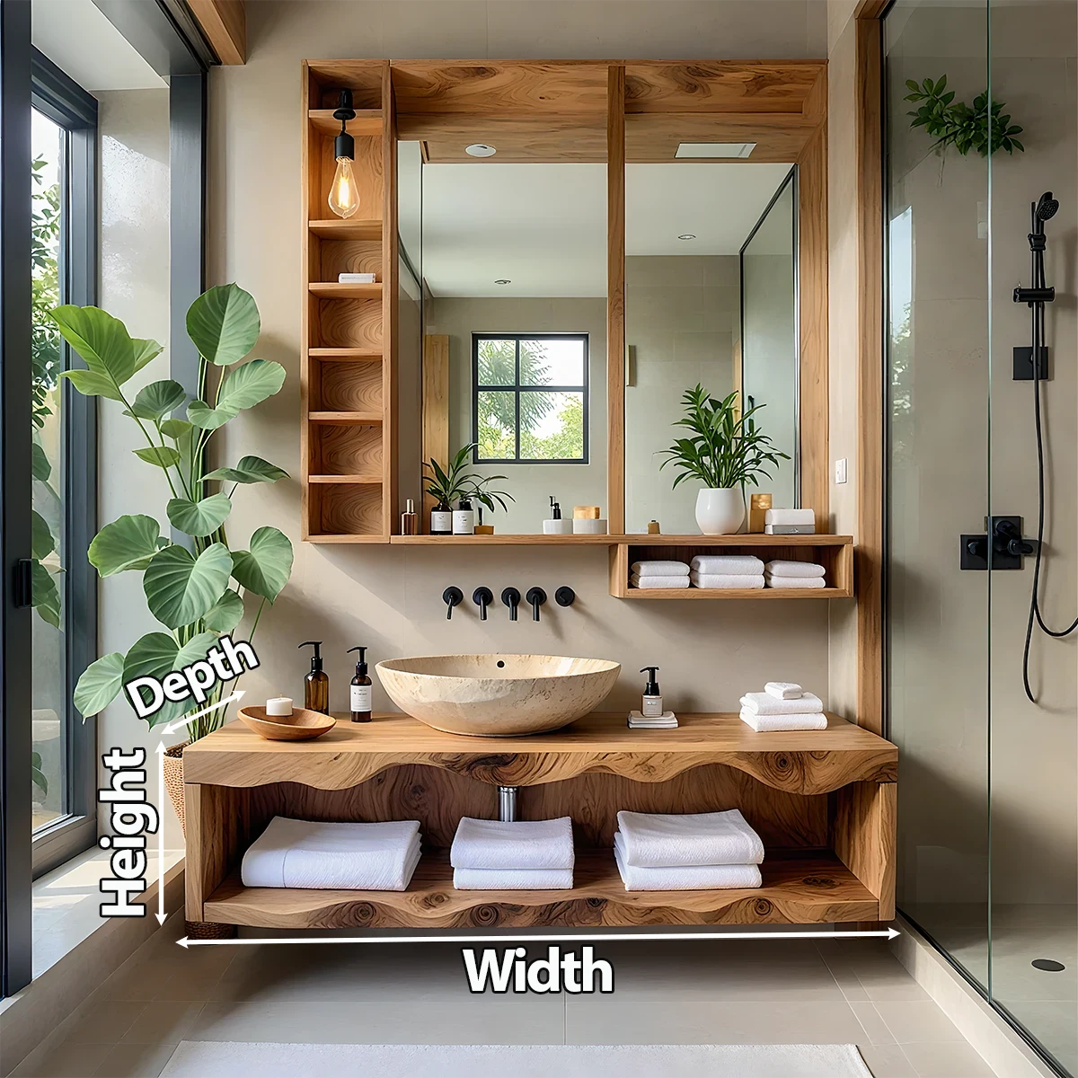 Solid Wood Bathroom Vanity with Open Shelves – Japandi Spa Console - Rustira