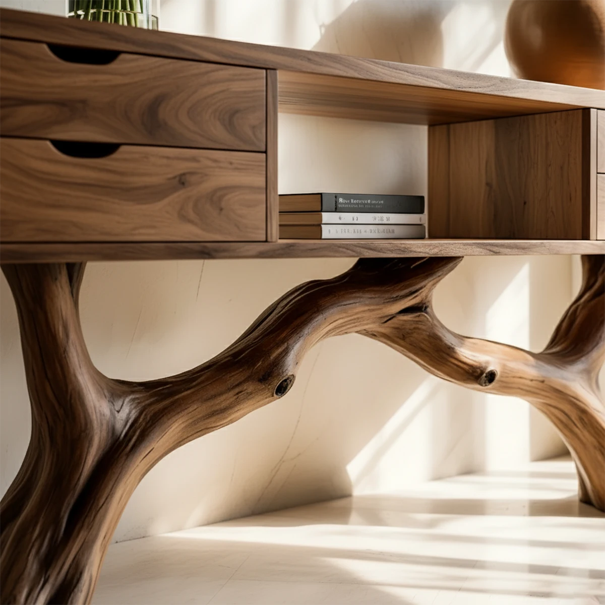 Solid Wood Console Table with Branch-Form Base & Storage Drawers - Rustira