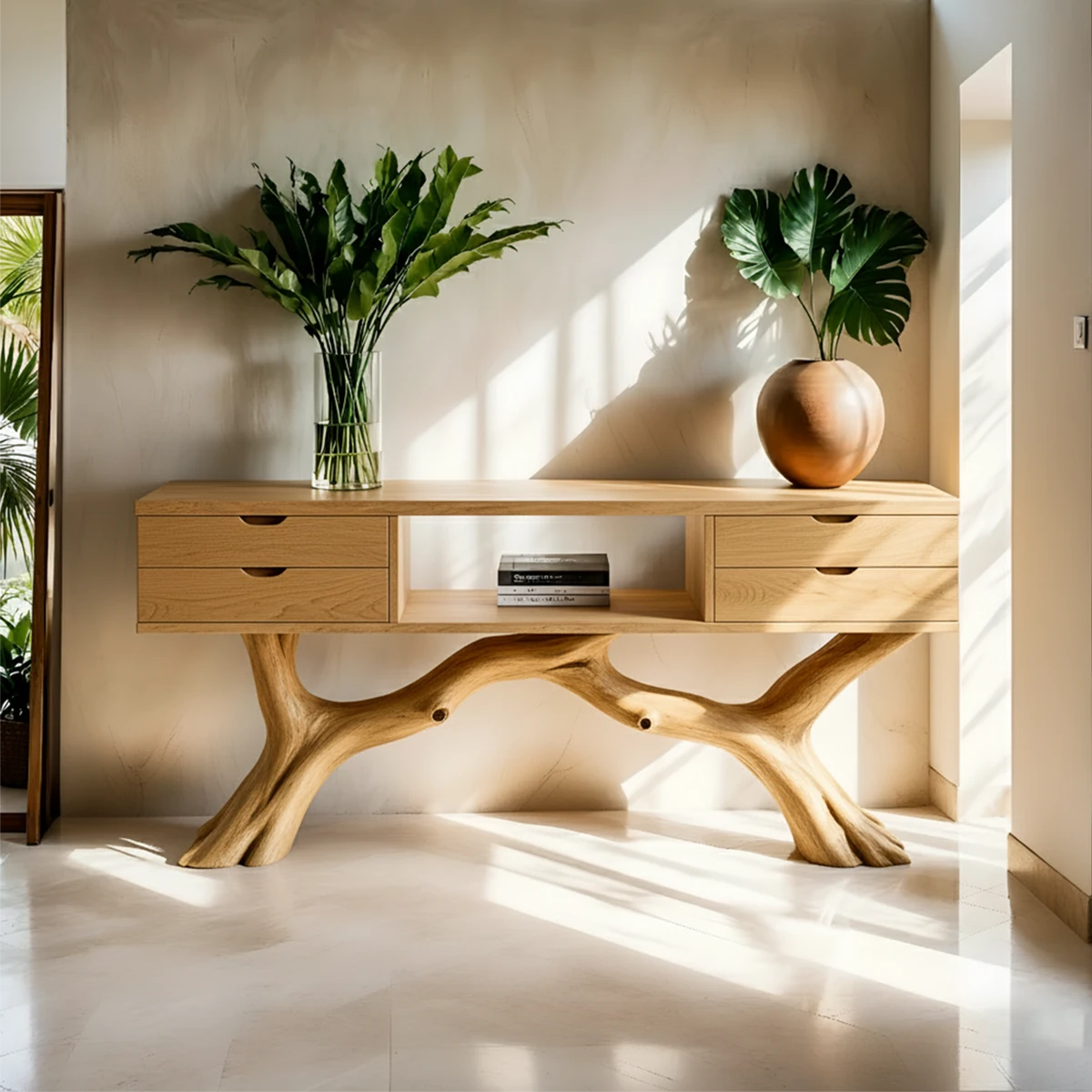 Solid Wood Console Table with Branch-Form Base & Storage Drawers - Rustira