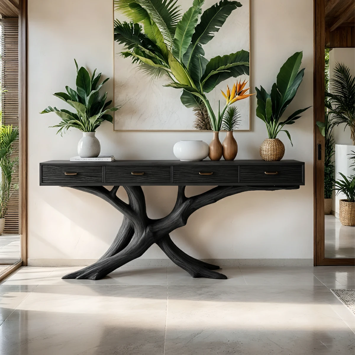 Solid Wood Console Table with Branch-Inspired Sculptural Base & Drawers - Rustira