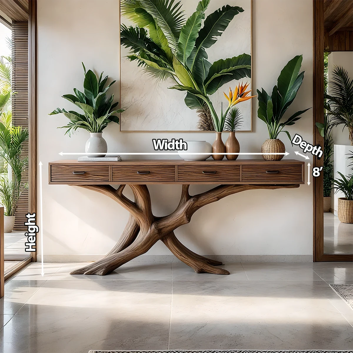 Solid Wood Console Table with Branch-Inspired Sculptural Base & Drawers - Rustira