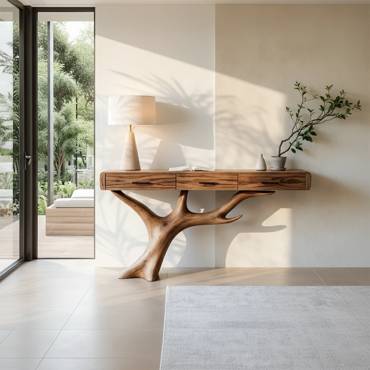 Solid Wood Console Table with Branch-Sculpted Base & Drawers - Rustira