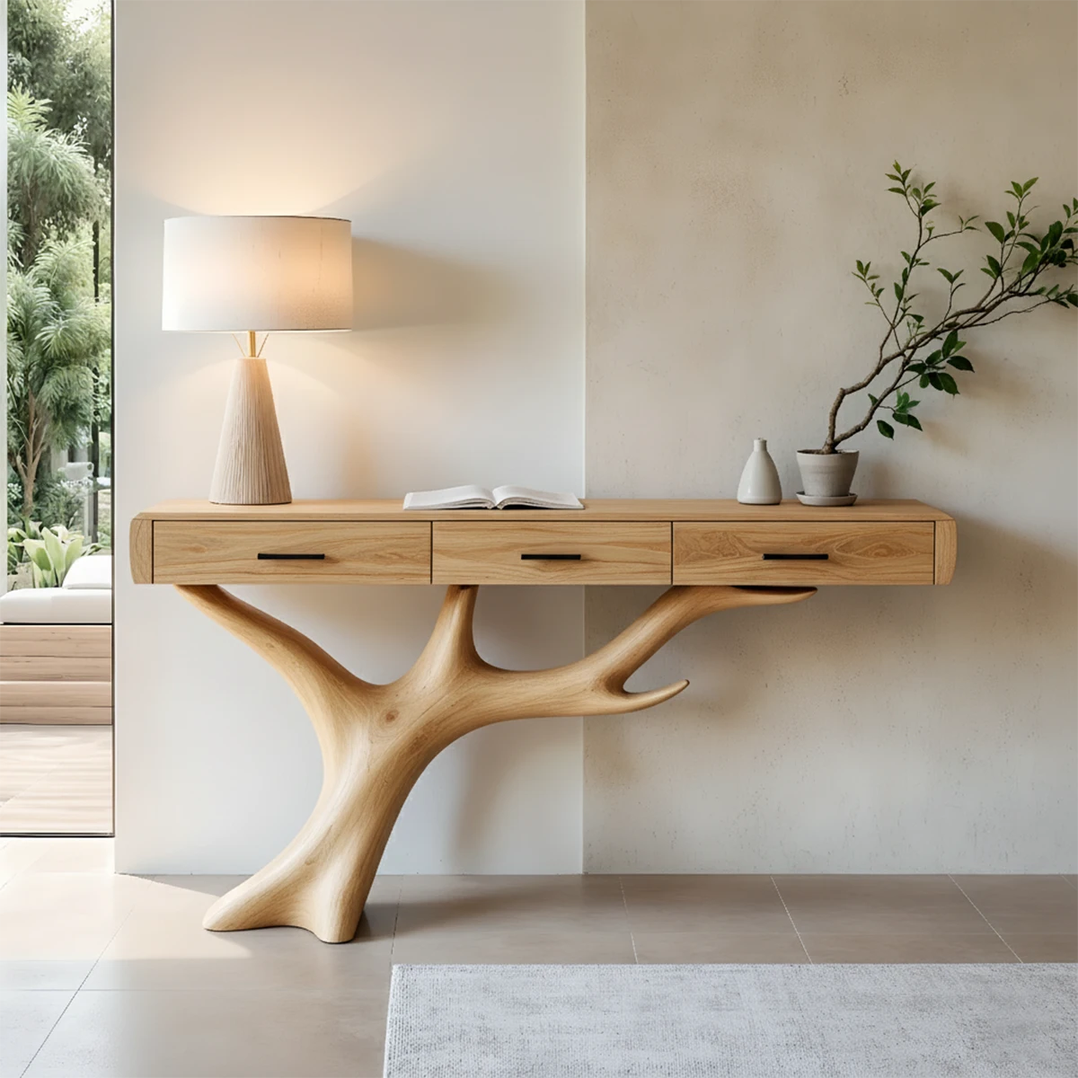 Solid Wood Console Table with Branch-Sculpted Base & Drawers - Rustira