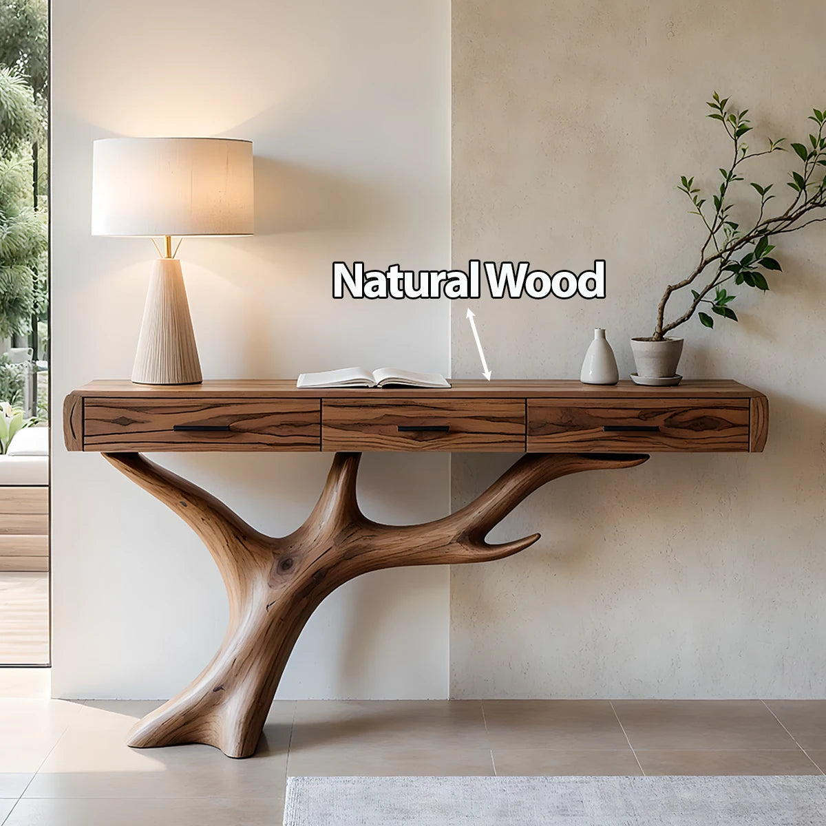 Solid Wood Console Table with Branch-Sculpted Base & Drawers - Rustira